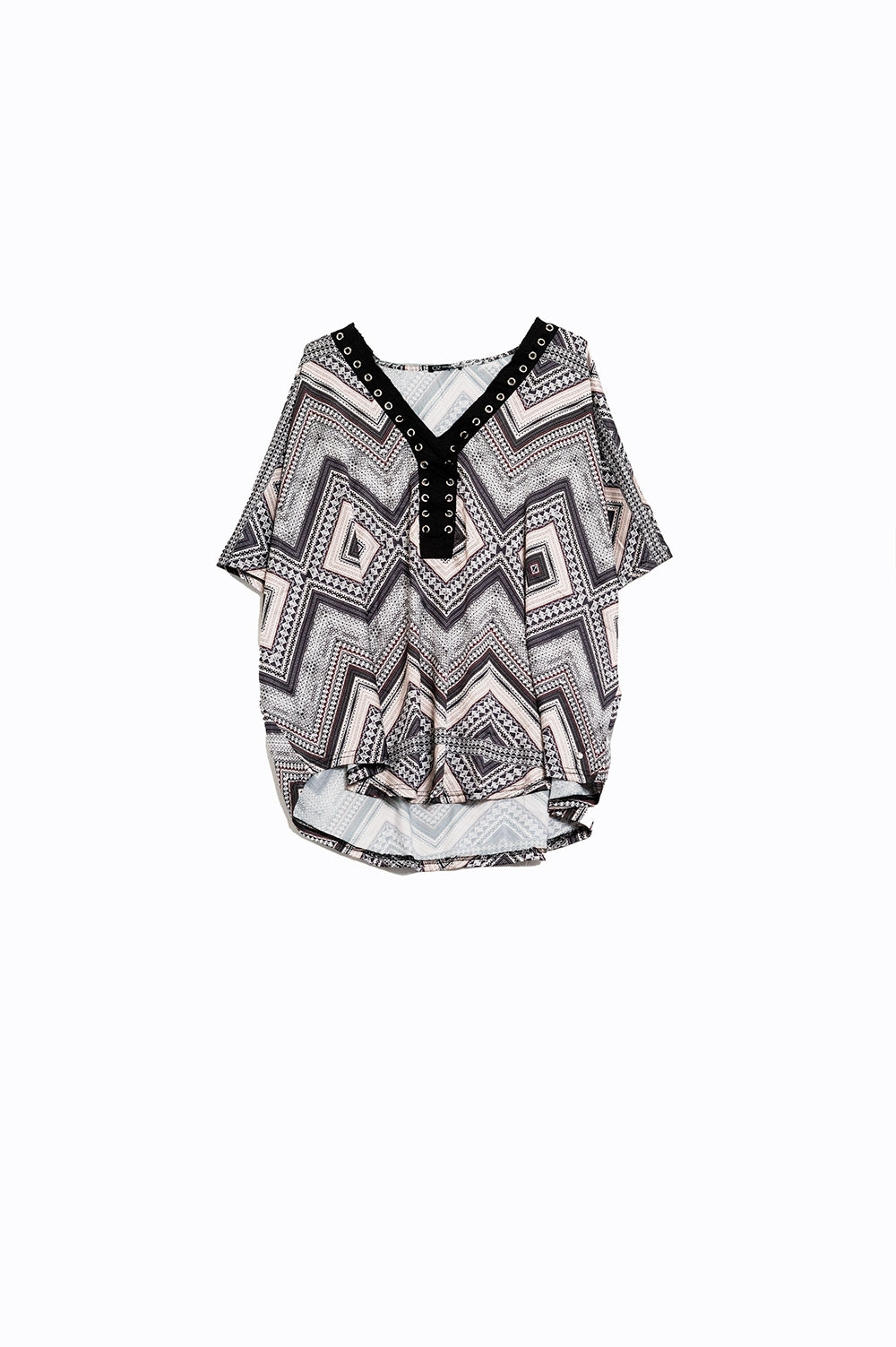 Grey shirt with geo print and cross tie neck detail | Just Cool Beans — shirts | nan
