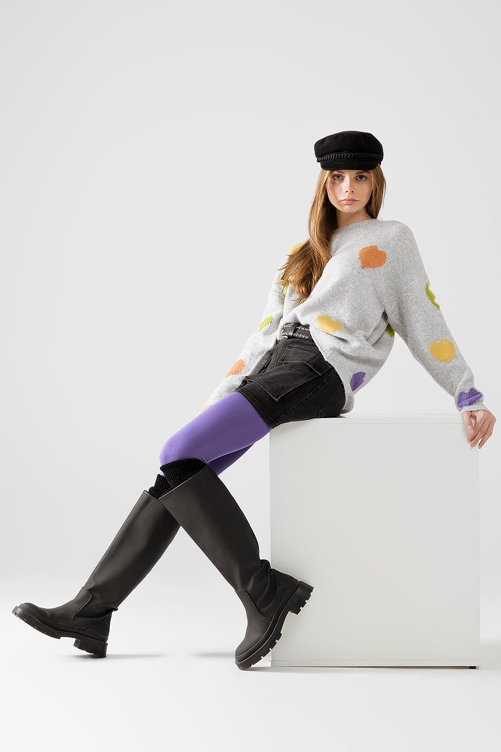 Grey sweater with boat neck and heart print | Just Cool Beans — sweaters | tops