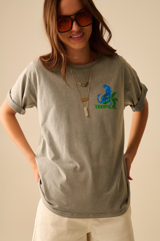 Grey t-shirt made in italy with tropical graphic print | Just Cool Beans — tops