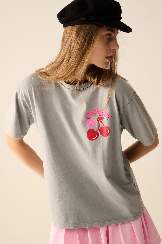Grey t-shirt with cherry in logo and letters | Just Cool Beans — tops