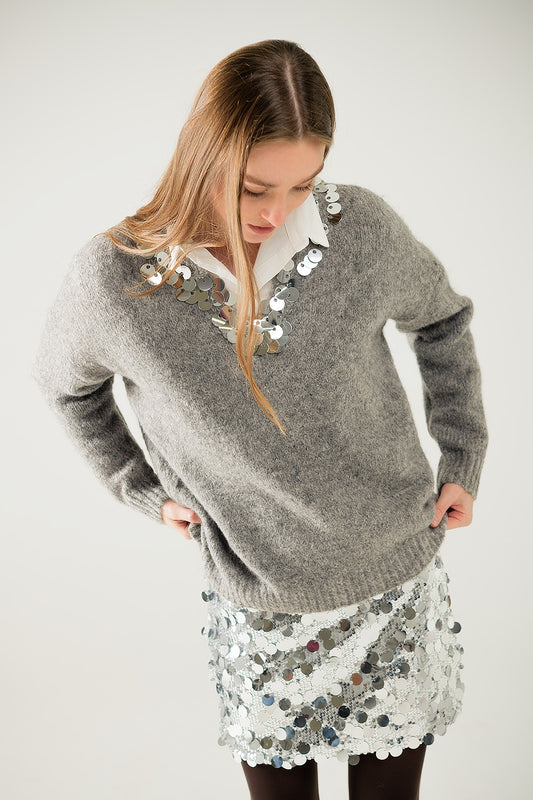Grey v-neck sweater with sequin detail | Just Cool Beans — sweaters | tops