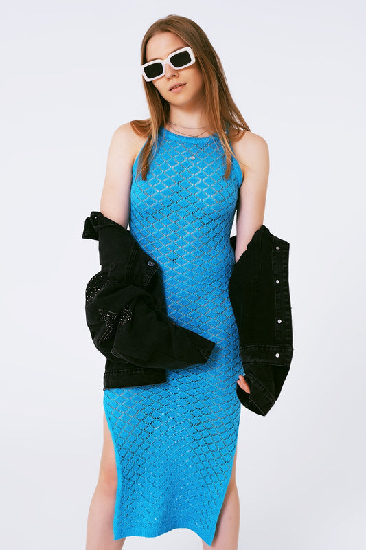 Halter crochet midi dress in blue | Just Cool Beans — dresses