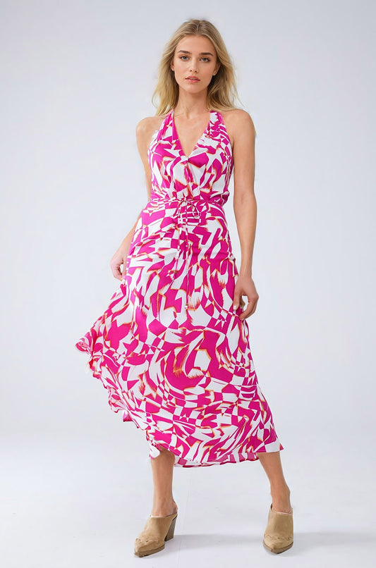 Halter midi dress with cinched waist in abstract fuchsia and white print | Just Cool Beans — dresses