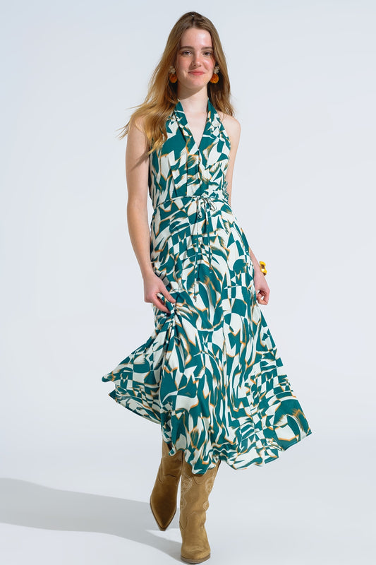 Halter midi dress with cinched waist in abstract green and white print | Just Cool Beans — dresses