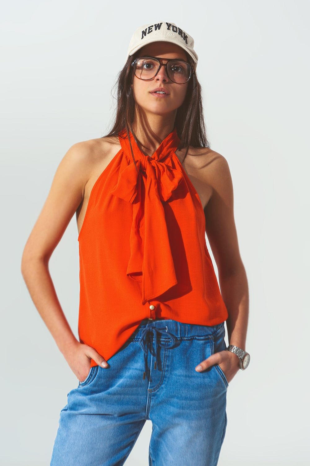 Halter neck top with button details in orange | Just Cool Beans — shirts | tops