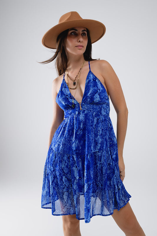 Halter open back babydoll dress in snake blue print | Just Cool Beans — dresses