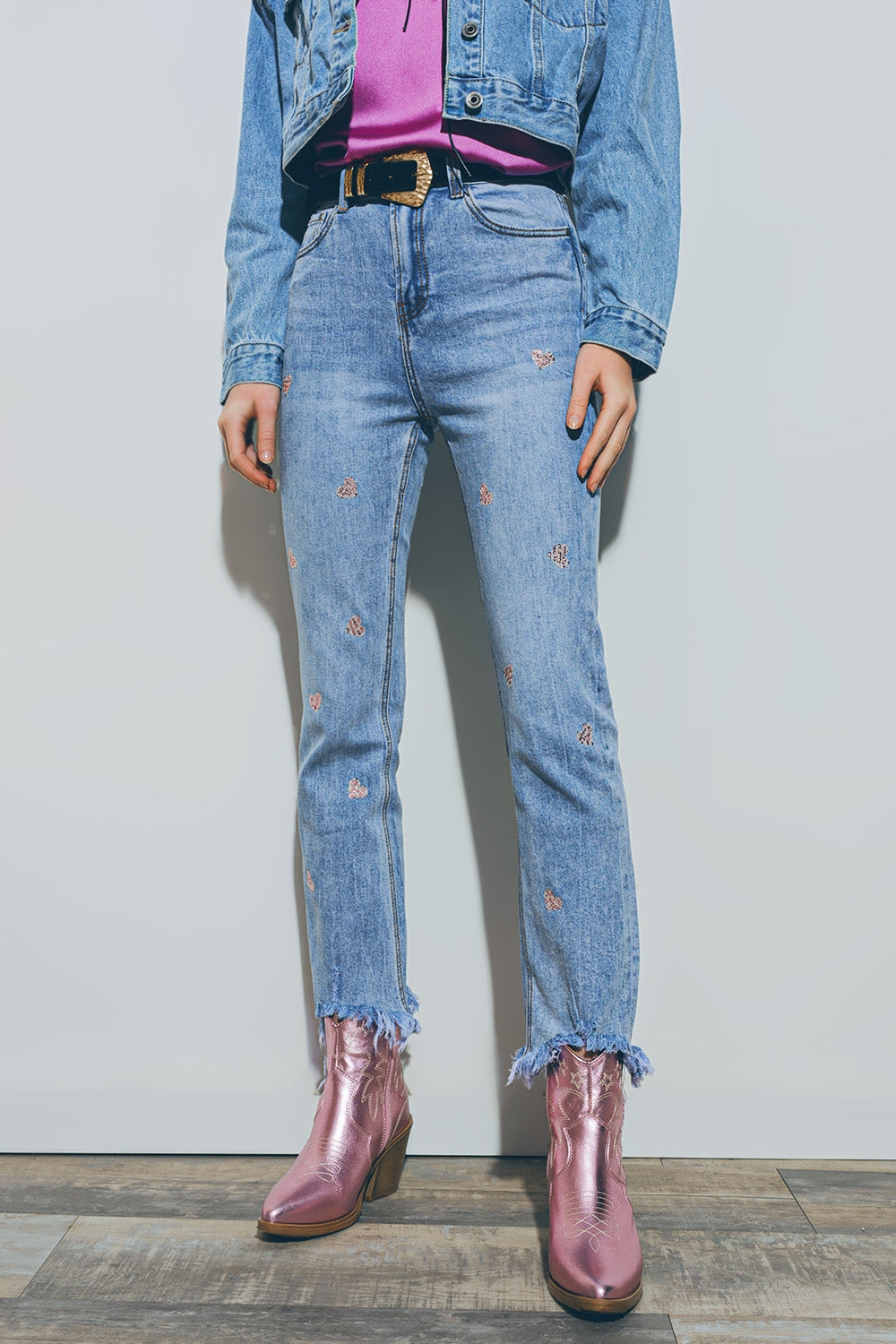 Heart embellished jeans with teared hem in med wash | Just Cool Beans — jeans | the denim shop