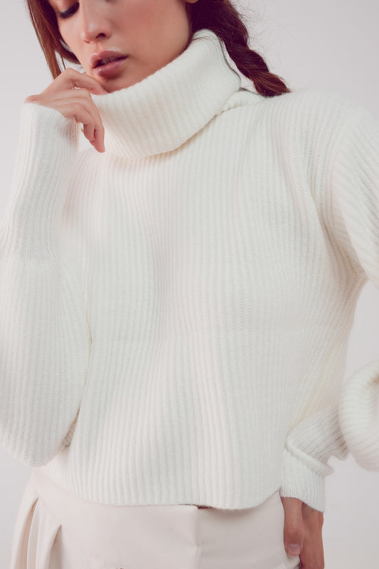 High neck jumper with balloon sleeve in cream | Just Cool Beans — sweaters | tops