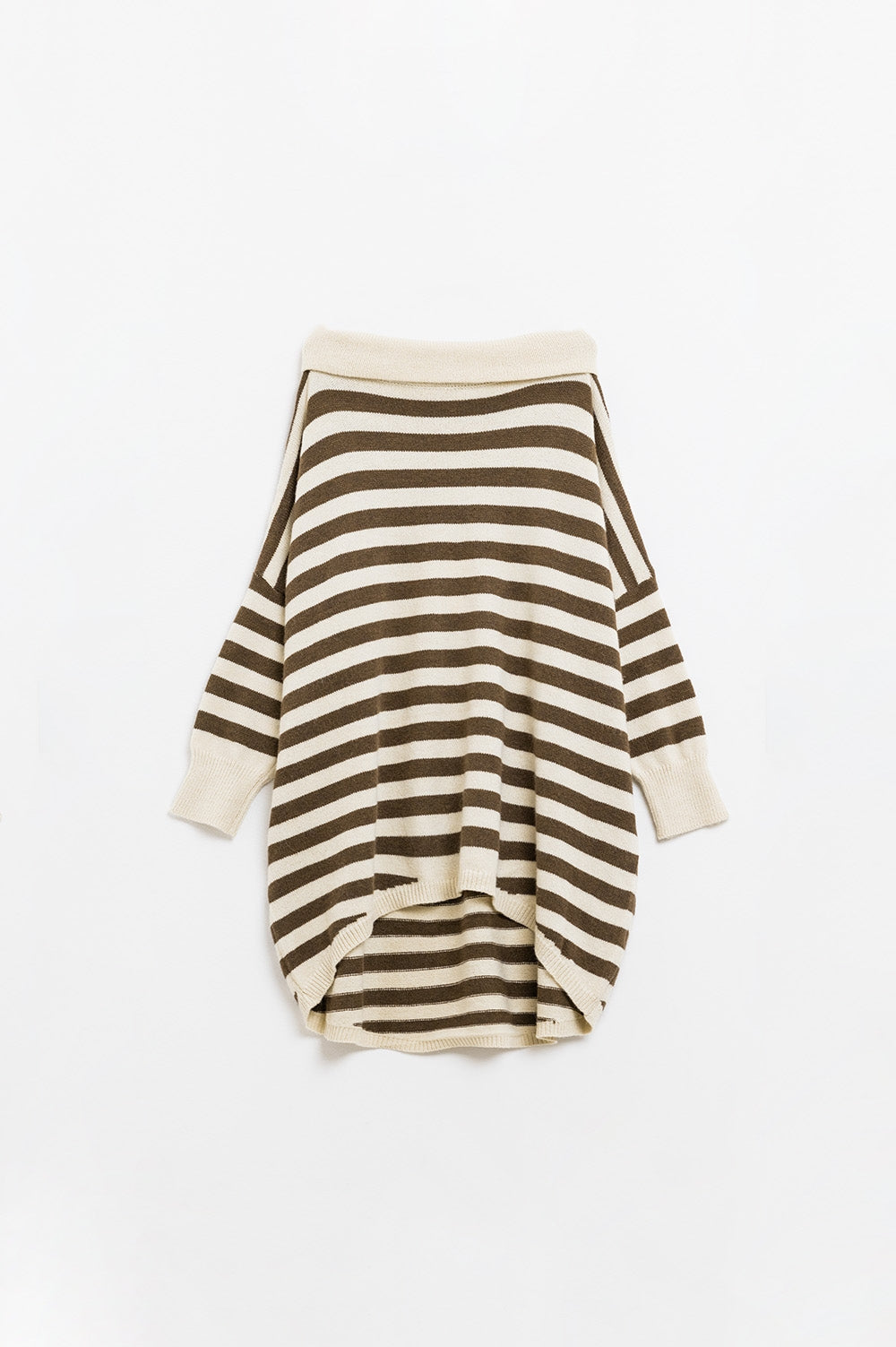 High neck oversized swater with bat wings and stripes in cream and brown | Just Cool Beans — sweaters | tops