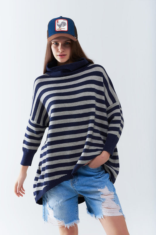 High neck oversized sweater with bat wings and stripes in navy and grey | Just Cool Beans — sweaters | tops