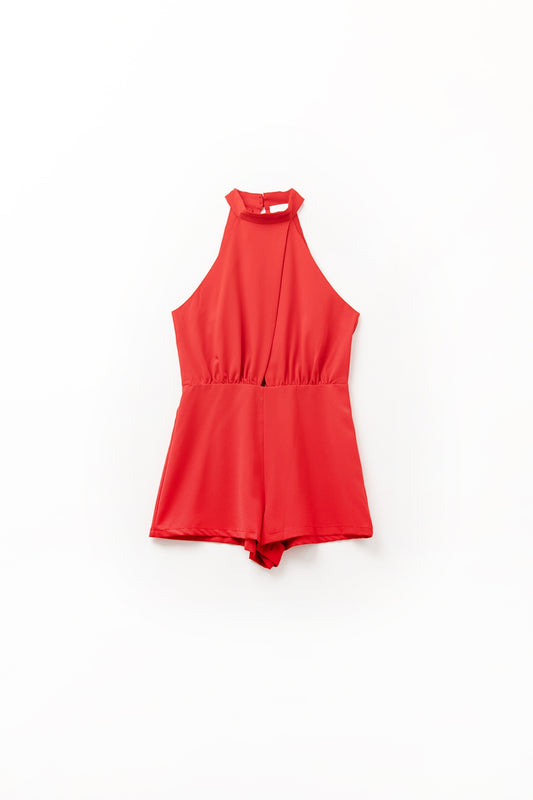 High neck red romper with front pleat detail | Just Cool Beans — dresses