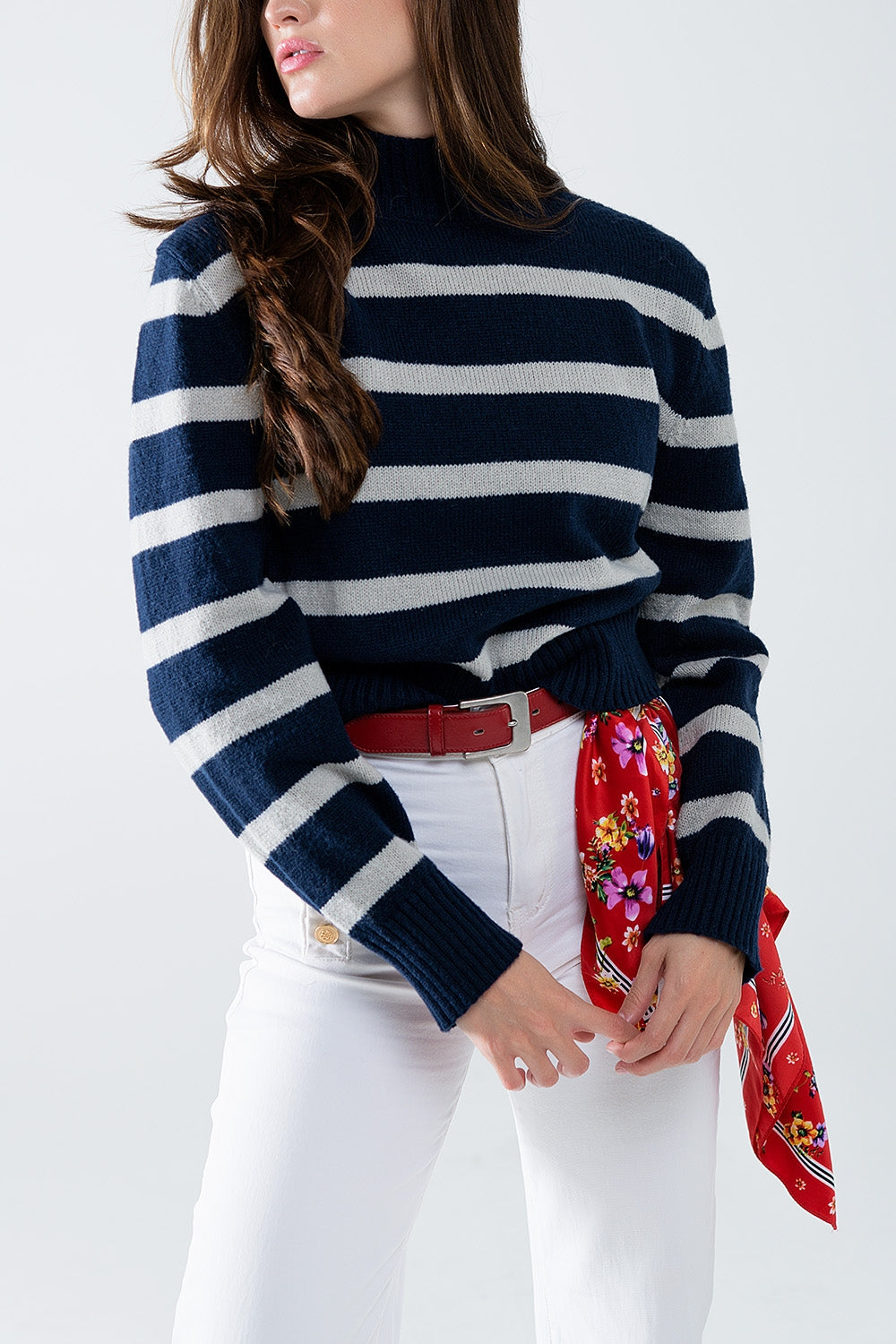 High neck striped sweater in navy and grey | Just Cool Beans — sweaters | tops
