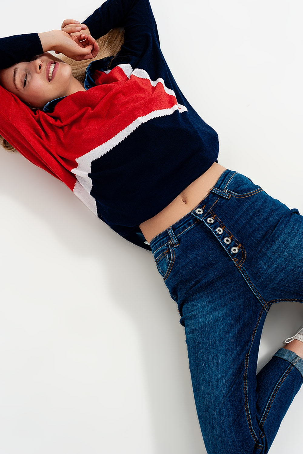 High rise jeans with exposed buttons in blue | Just Cool Beans — jeans | the denim shop