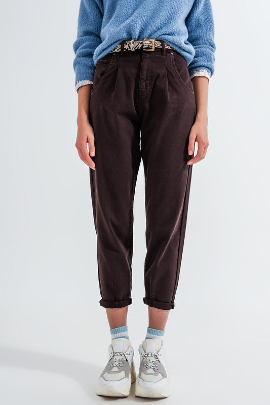 High rise jeans with pleat front in brown | Just Cool Beans