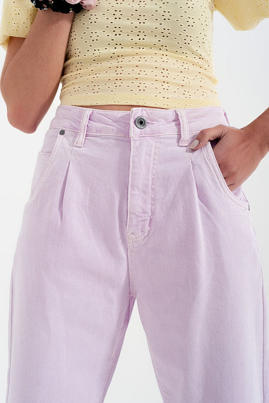 High rise mom jeans with pleat front in lilac | Just Cool Beans
