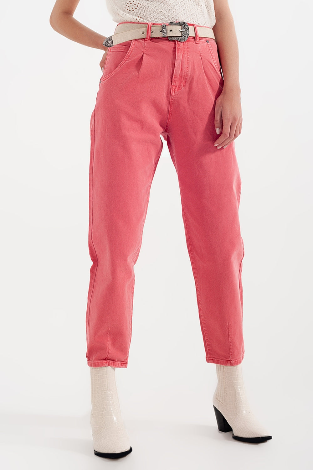 High rise mom jeans with pleat front in pink | Just Cool Beans — jeans | the denim shop
