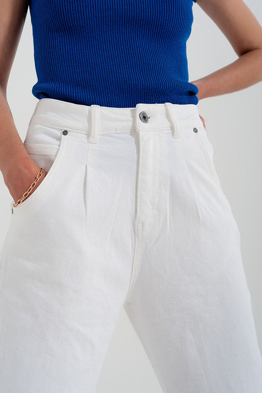 High rise mom jeans with pleat front in white | Just Cool Beans