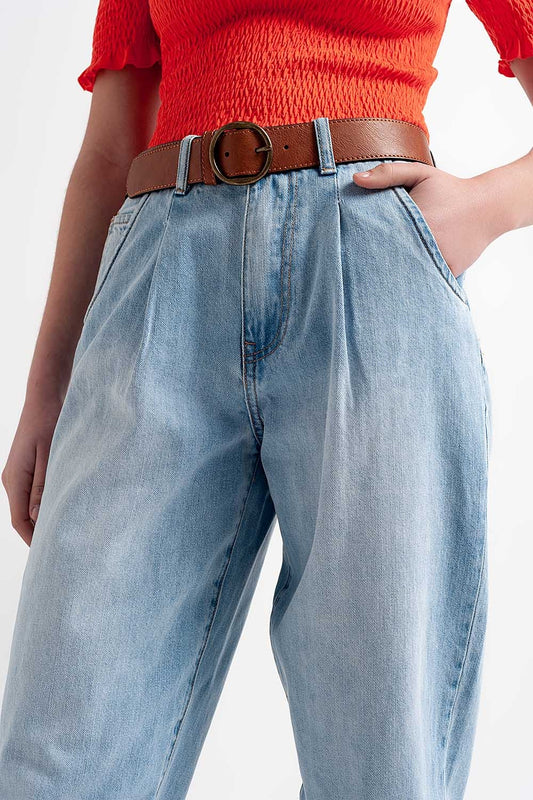 High rise relaxed jeans with pleat front in bleach wash | Just Cool Beans