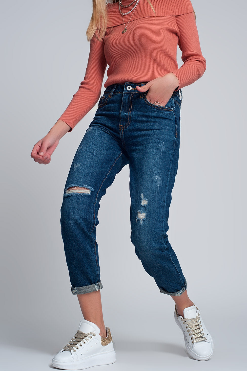 High rise slim mom jeans in blue wash with front rips | Just Cool Beans — jeans | the denim shop