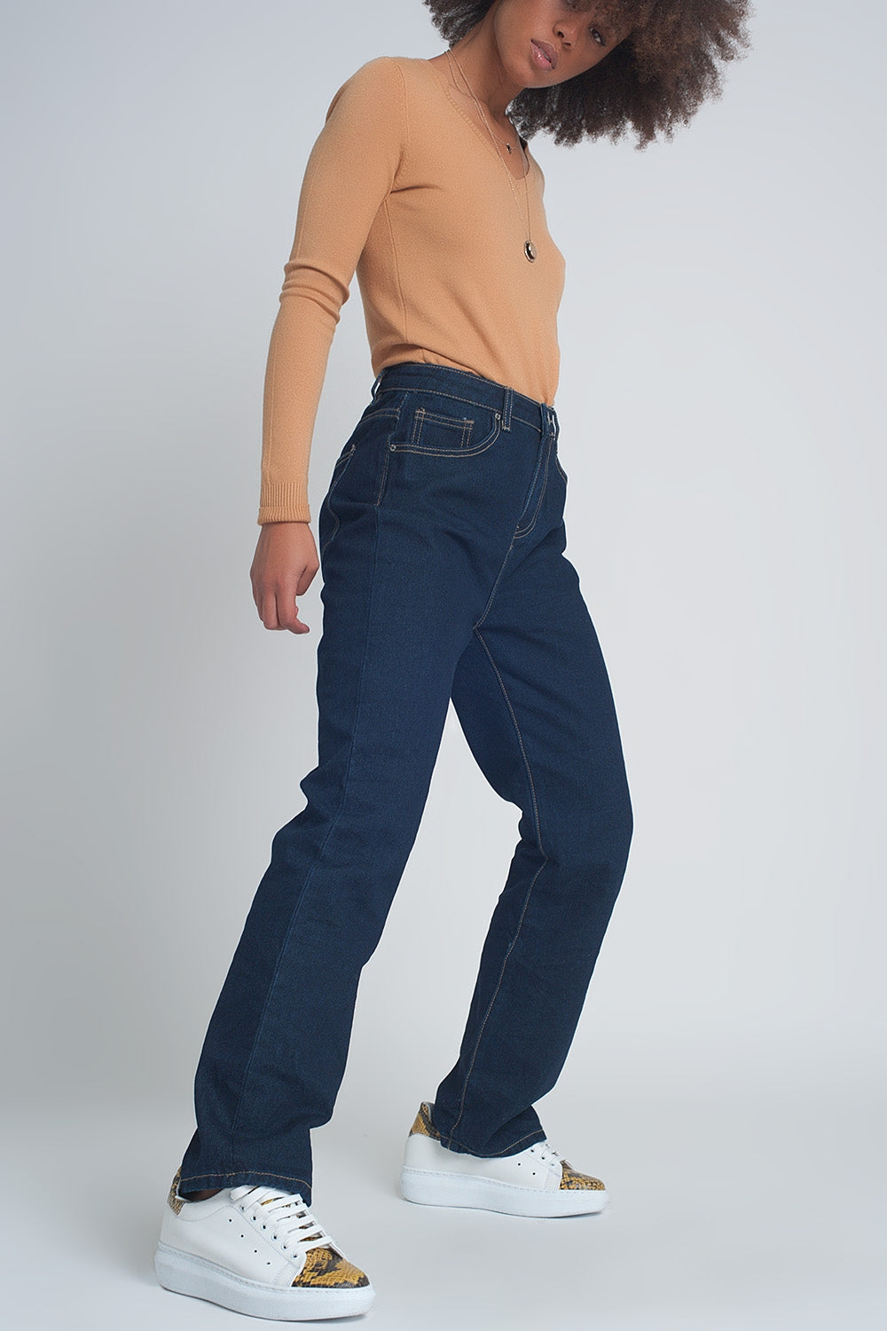 High rise straight cut jeans in dark blue | Just Cool Beans — jeans | the denim shop