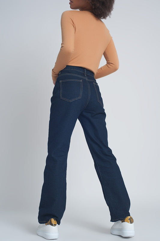 High rise straight cut jeans in dark blue | Just Cool Beans
