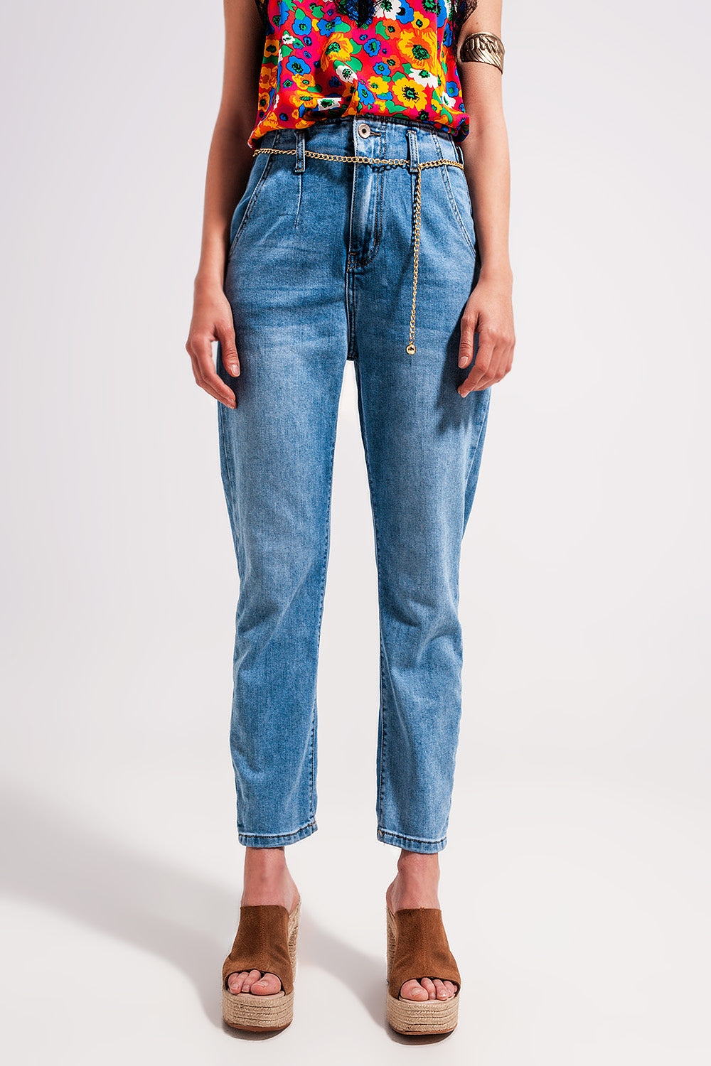 High rise straight leg belt detail jeans in light wash | Just Cool Beans — jeans | the denim shop
