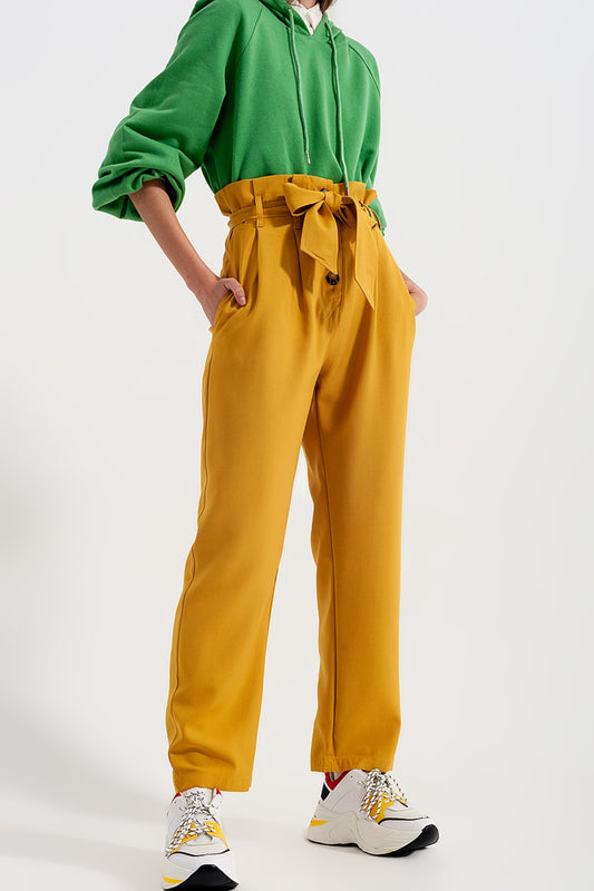 High waist belted paperbag trousers in yellow | Just Cool Beans — pants | bottoms