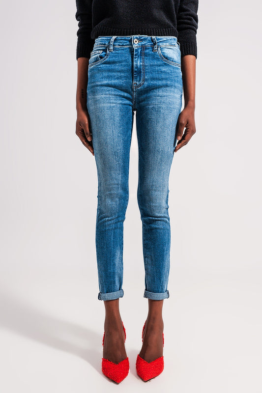 High waist elastic skinny jeans in mid blue | Just Cool Beans — jeans | the denim shop