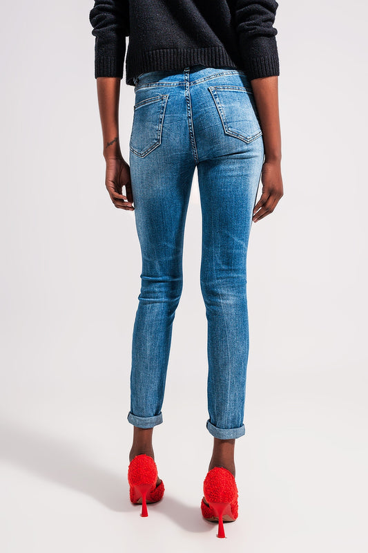 High waist elastic skinny jeans in mid blue | Just Cool Beans