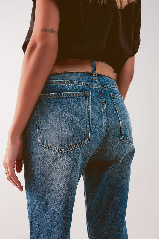 High waist jean with thigh slash in midblue | Just Cool Beans