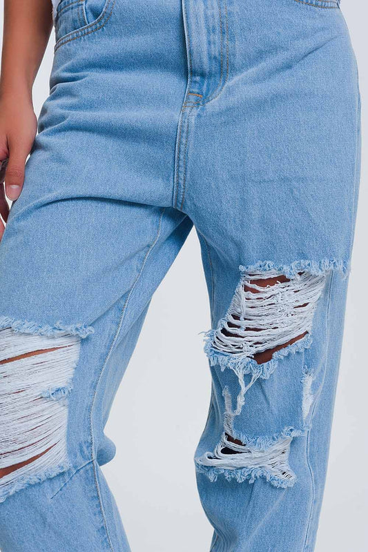 High waist mom jeans with busted knees in light denim | Just Cool Beans
