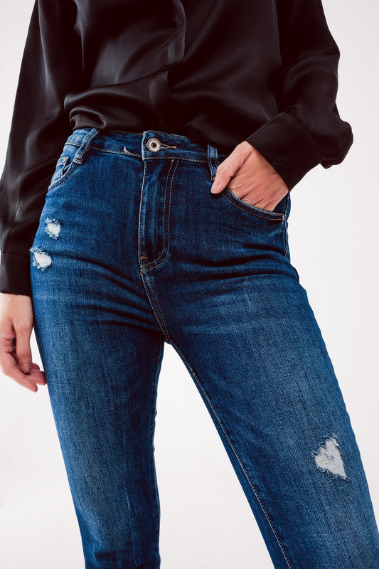 High waist ripped skinny jeans in midwash blue | Just Cool Beans