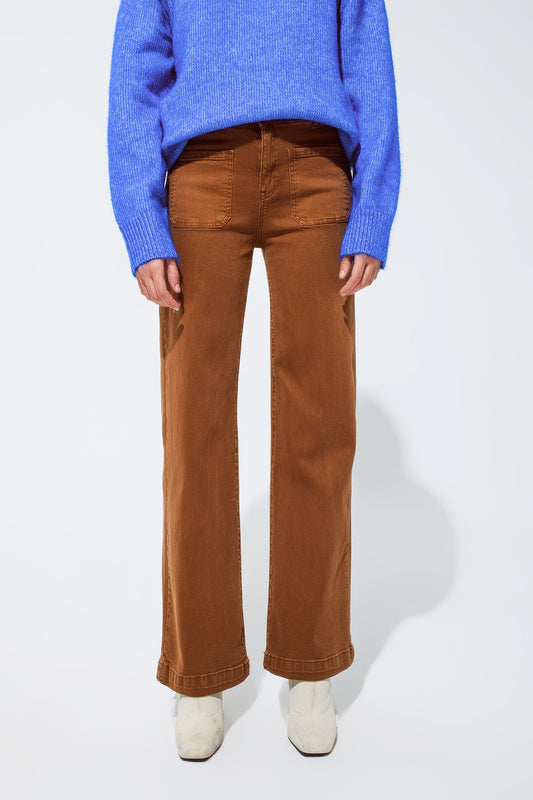 High waisted front pockets flare jeans in camel | Just Cool Beans — jeans | the denim shop