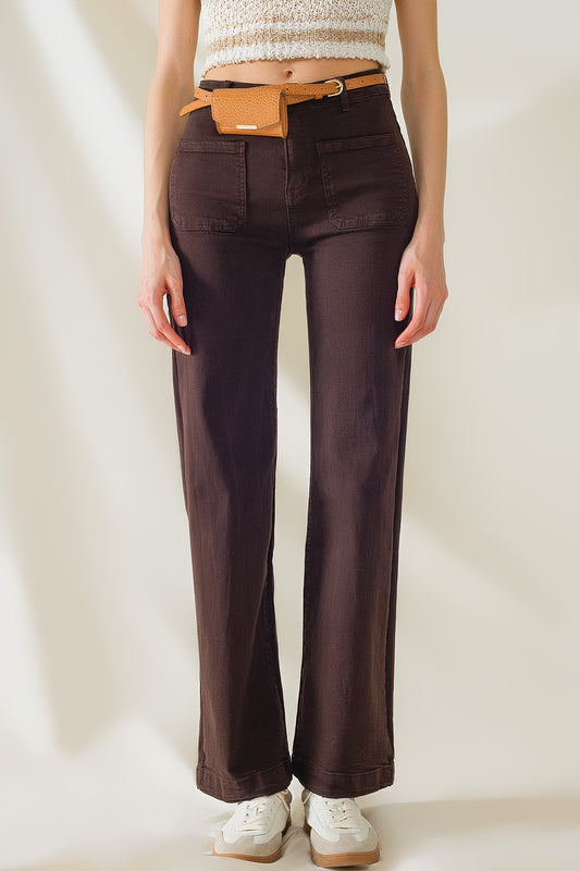 High waisted front pockets flare jeans in dark brown | Just Cool Beans — jeans | the denim shop
