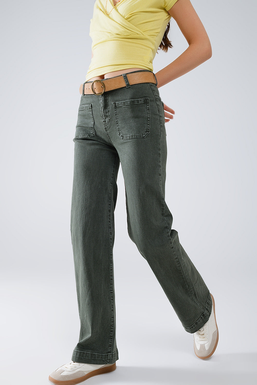 High waisted front pockets flare jeans in dark khaki | Just Cool Beans — jeans | the denim shop