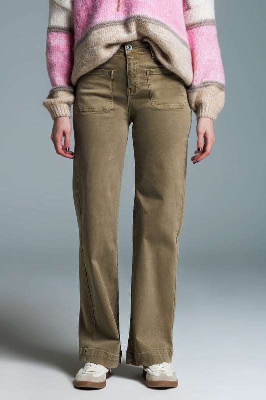 High waisted front pockets flare jeans in kakhi | Just Cool Beans — jeans | the denim shop