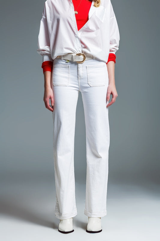 High waisted front pockets flare jeans in white | Just Cool Beans — jeans | the denim shop