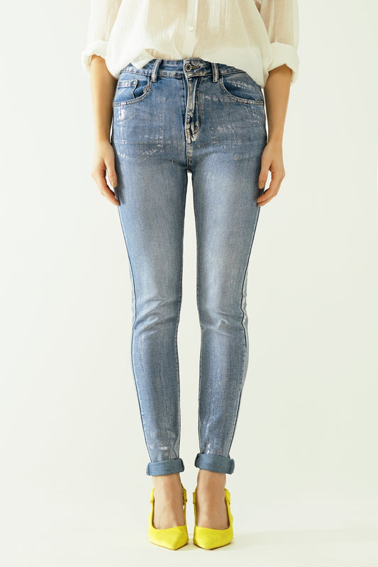 High-waisted jeans with five pockets with silver powder-coated effect | Just Cool Beans — jeans | jackets