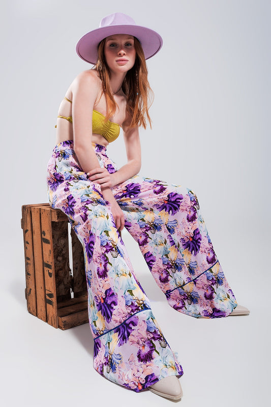 High waisted satin wide leg pants in purple floral | Just Cool Beans — pants | bottoms