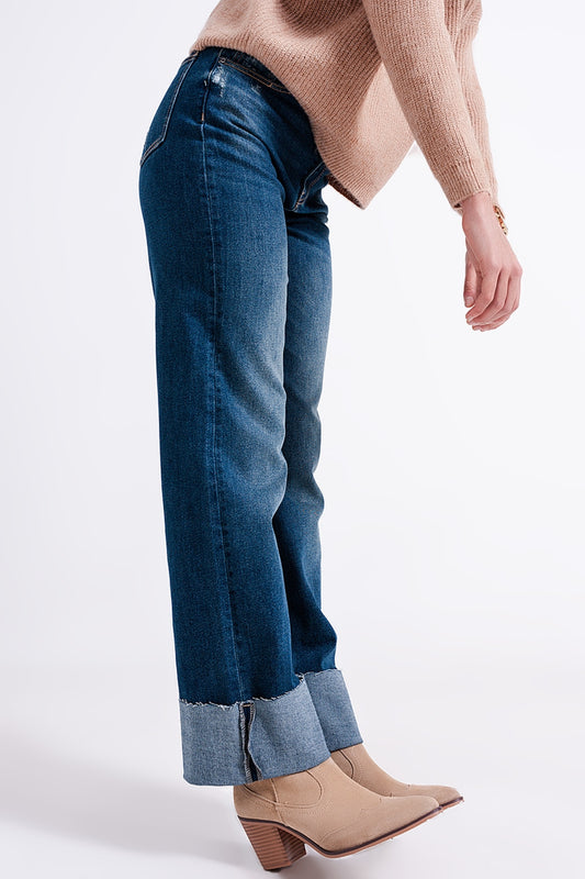 High waisted straight jean with roll hem in blue | Just Cool Beans — jeans | the denim shop