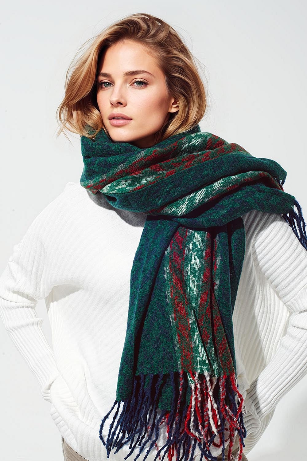Houndstooth design scarf in green and red | Just Cool Beans