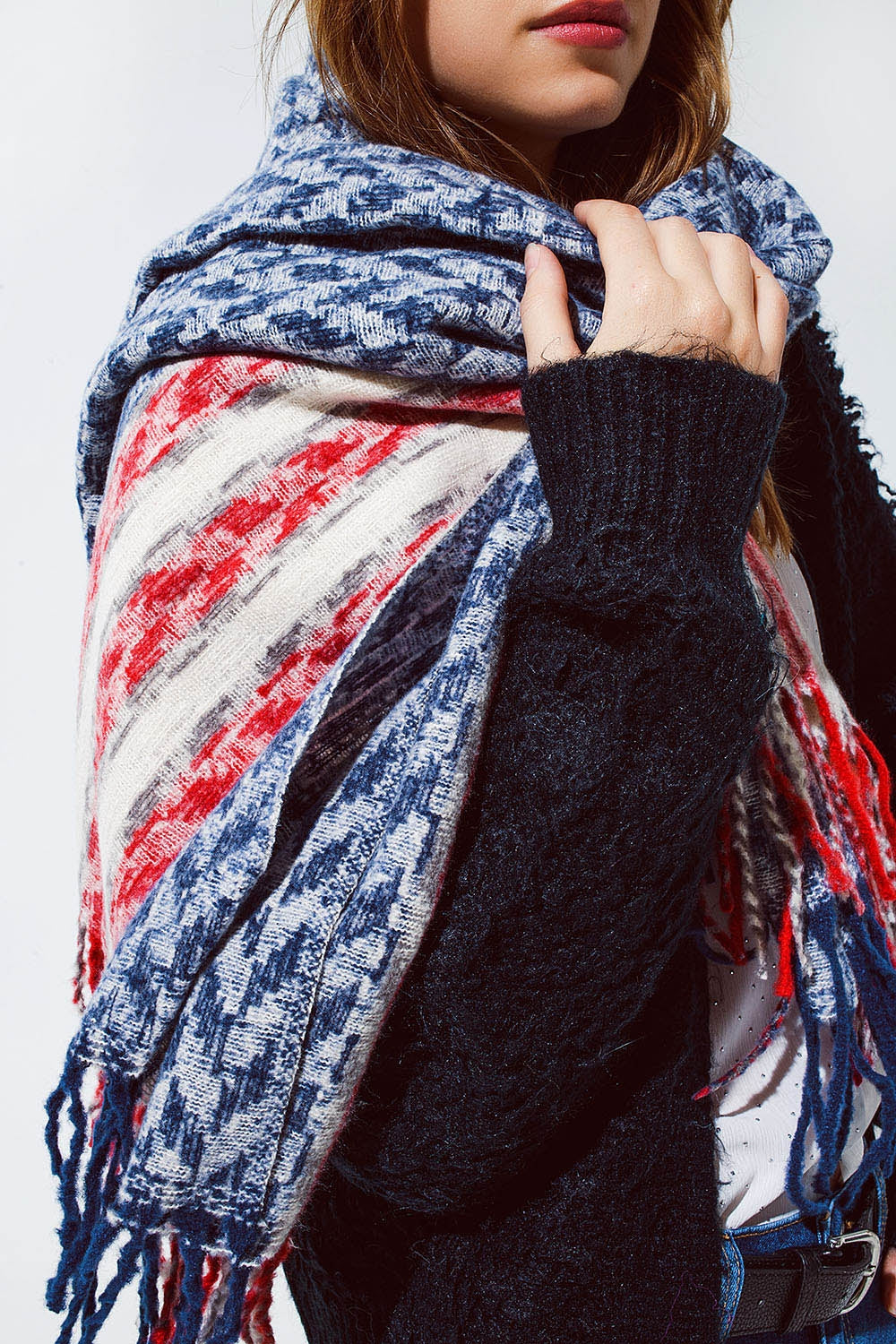 Houndstooth style americana scarf in white red and blue | Just Cool Beans