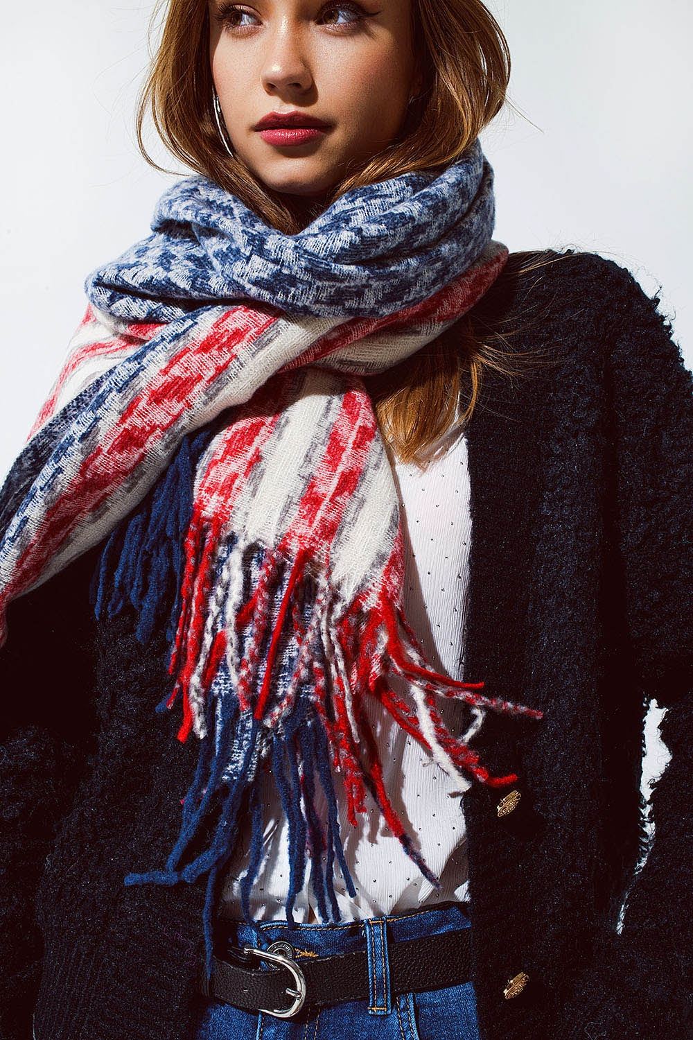 Houndstooth style americana scarf in white red and blue | Just Cool Beans