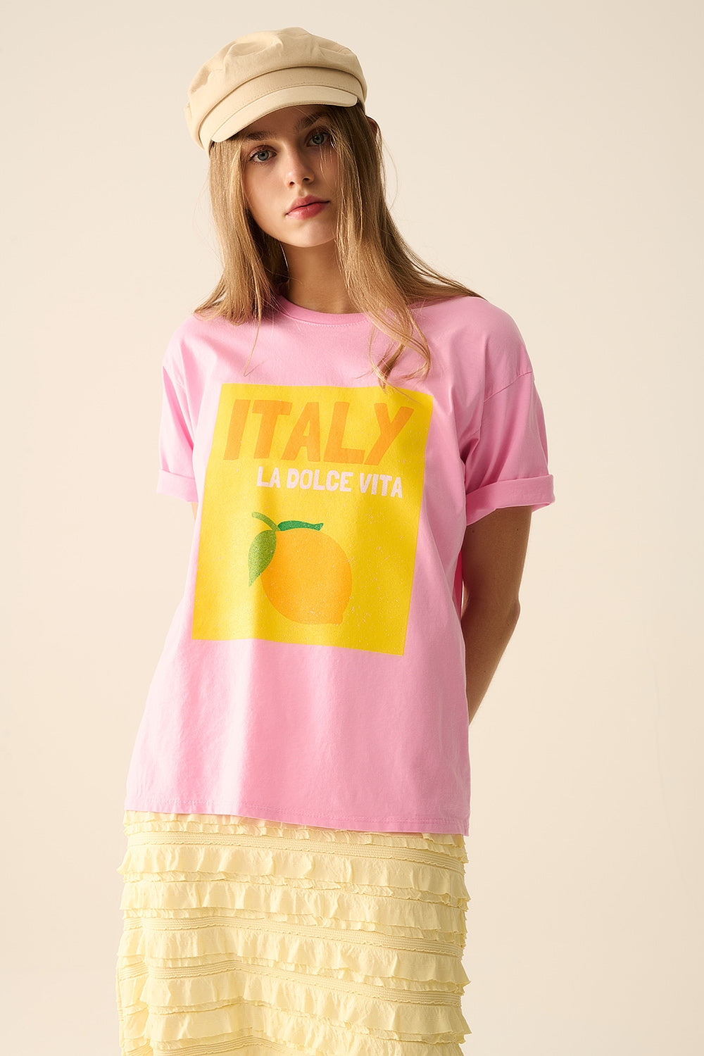 Italy la dolce vita baby pink t-shirt with graphic print | Just Cool Beans — tops