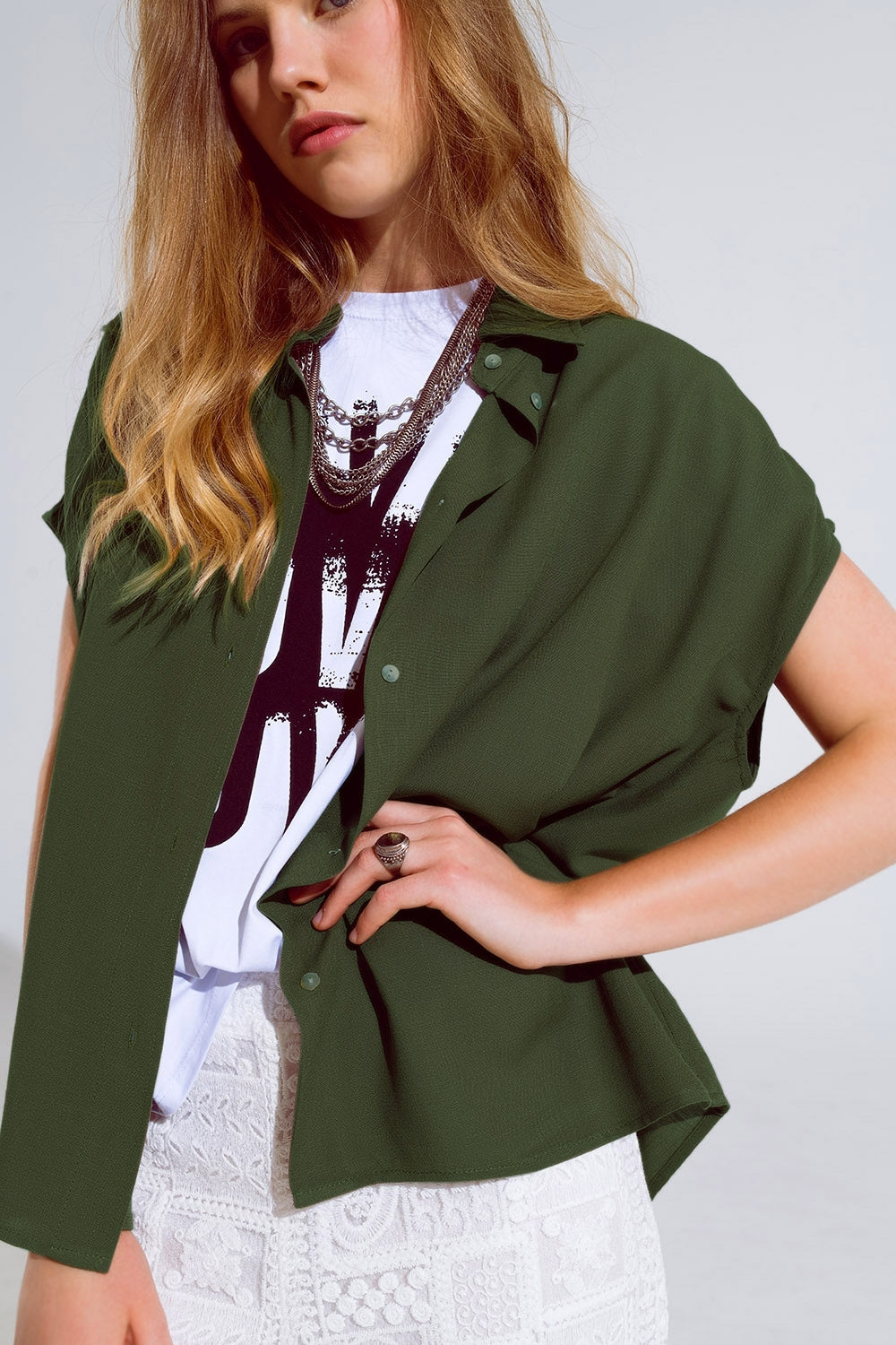 Khaki button up blouse with polo collar | Just Cool Beans — shirts | tops
