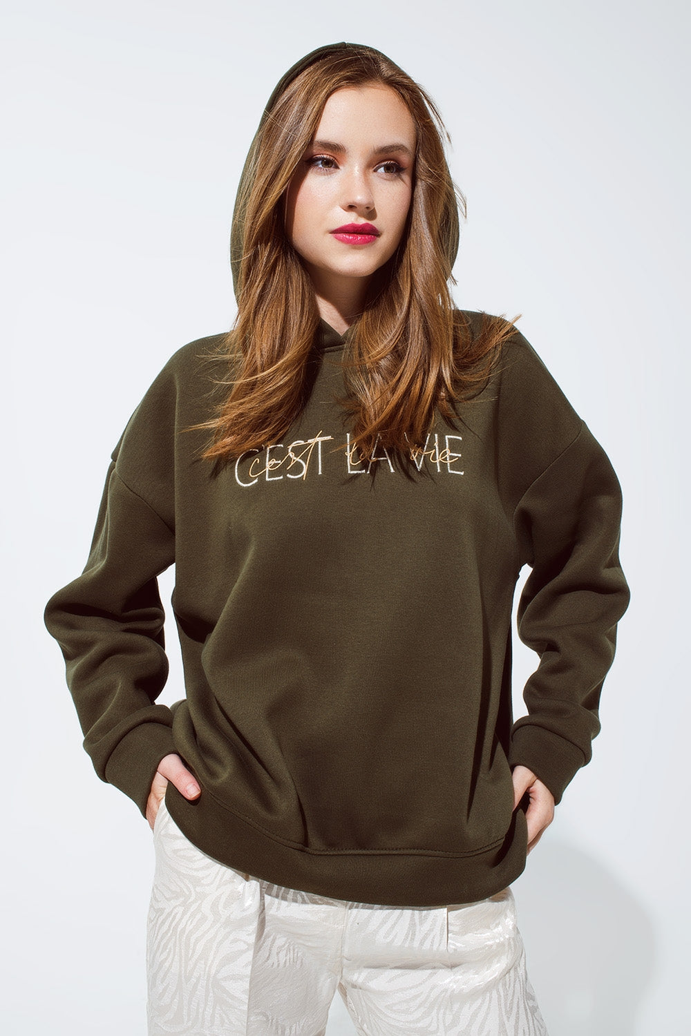 Khaki color hoodie with embroidered cest la vie text | Just Cool Beans — sweaters | tops