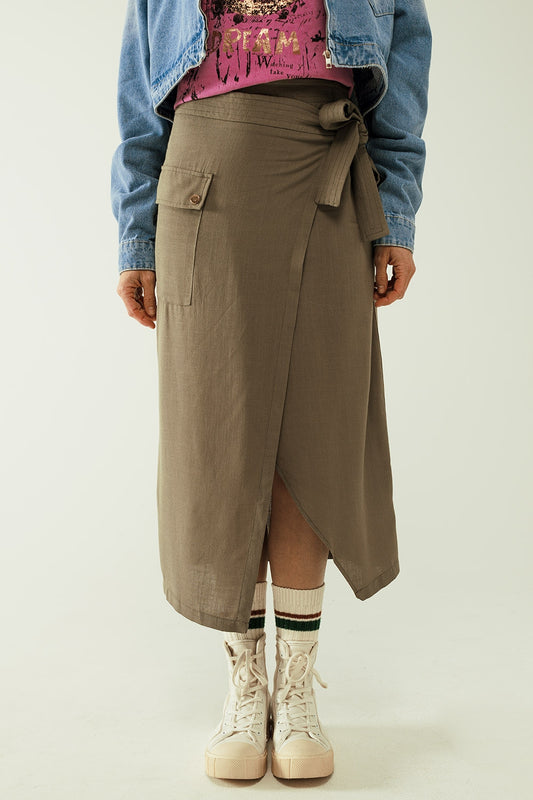 Khaki mid-length skirt with one pocket and a lace detail | Just Cool Beans — skirts