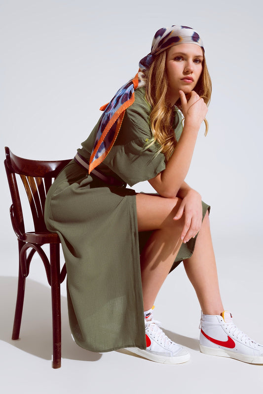 Khaki midi button down dress with short sleeves and matching belt | Just Cool Beans — dresses | bottoms
