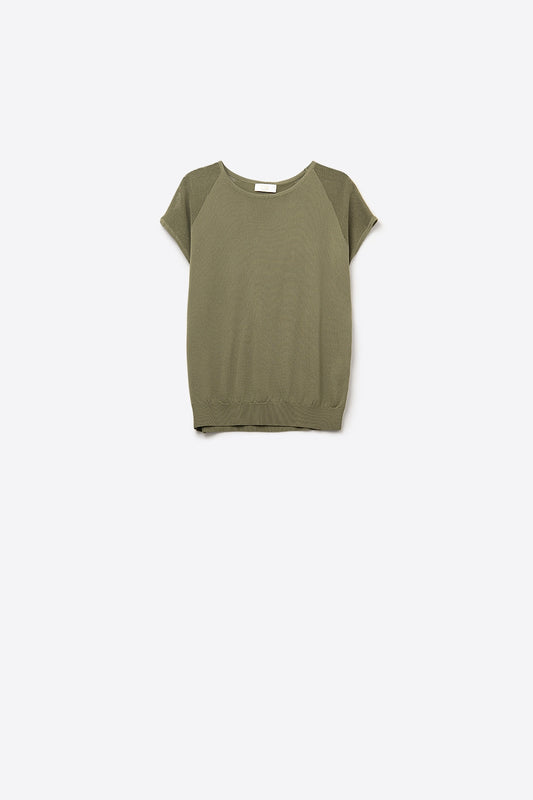 Khaki Short Sleeve Sweater with Knitted Mesh on the Shoulder