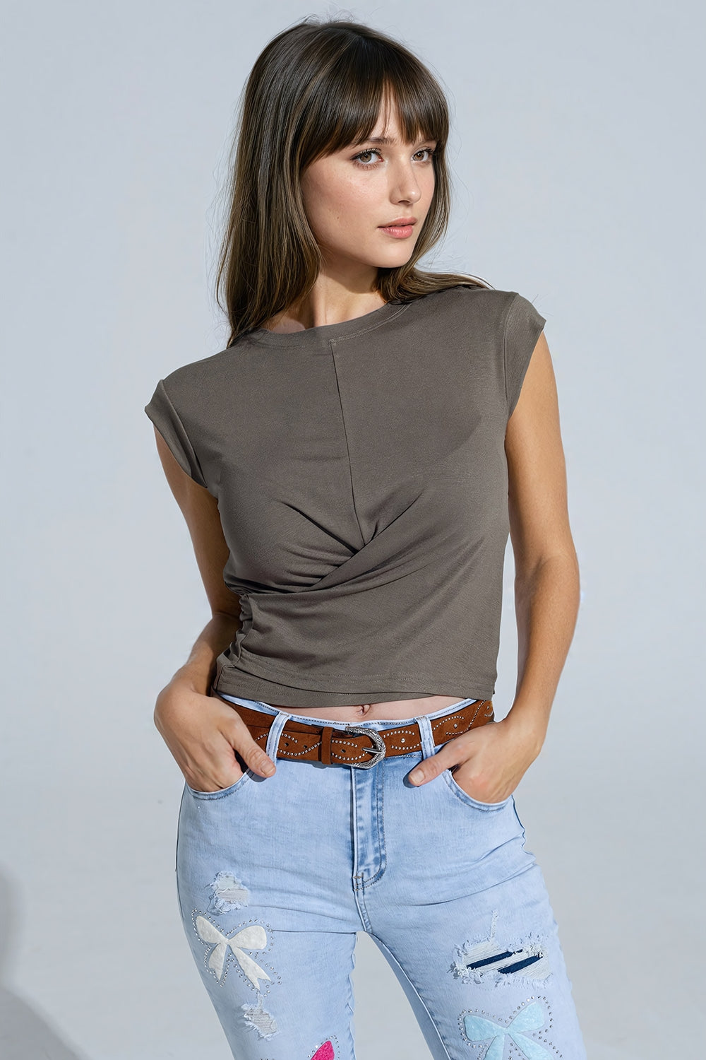Khaki short-sleeved top crossed at the bottom front | Just Cool Beans — tops | bottoms